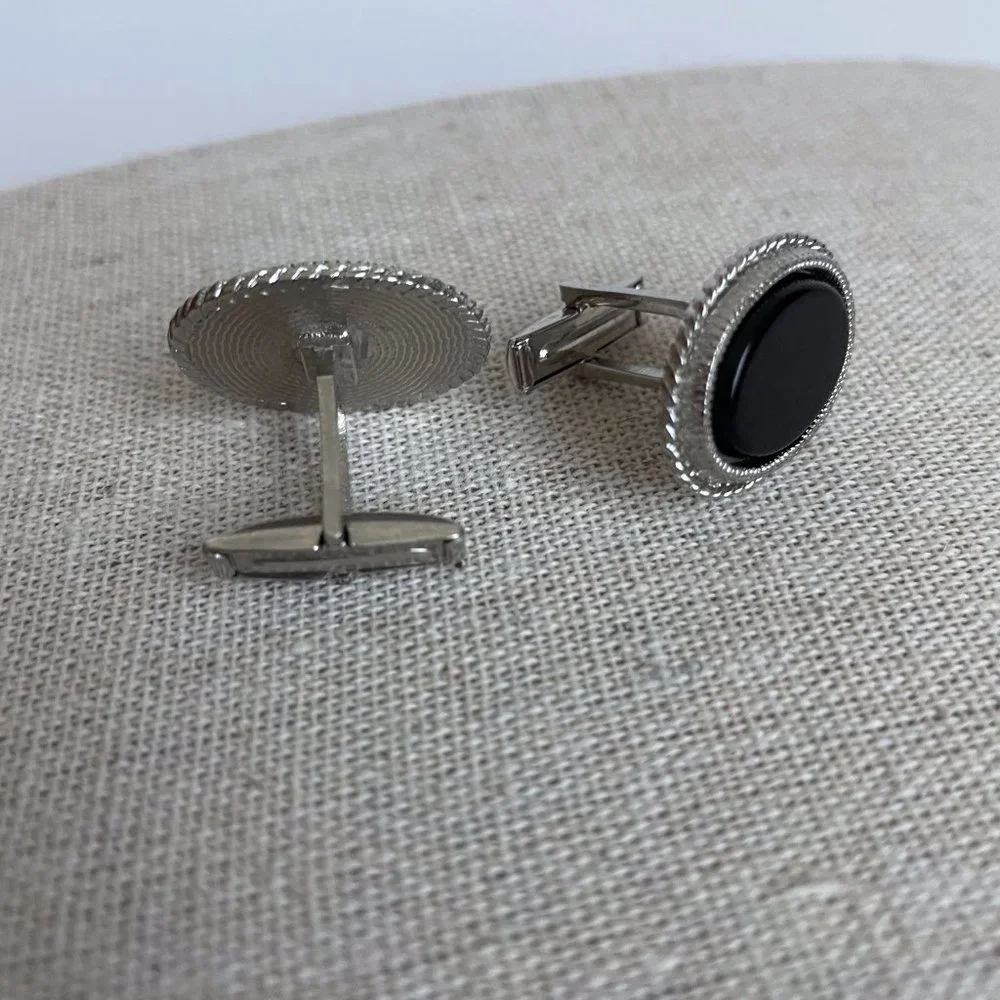 Vintage Classic Silver Black Tone Oval Cuff Links